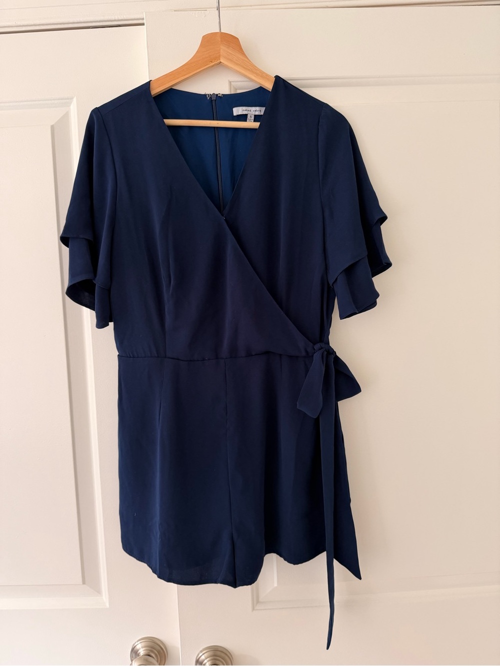 Navy Wrap Romper with Flutter Sleeves